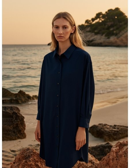 Navy Blue Poplin Shirt Dress | Monge Studio