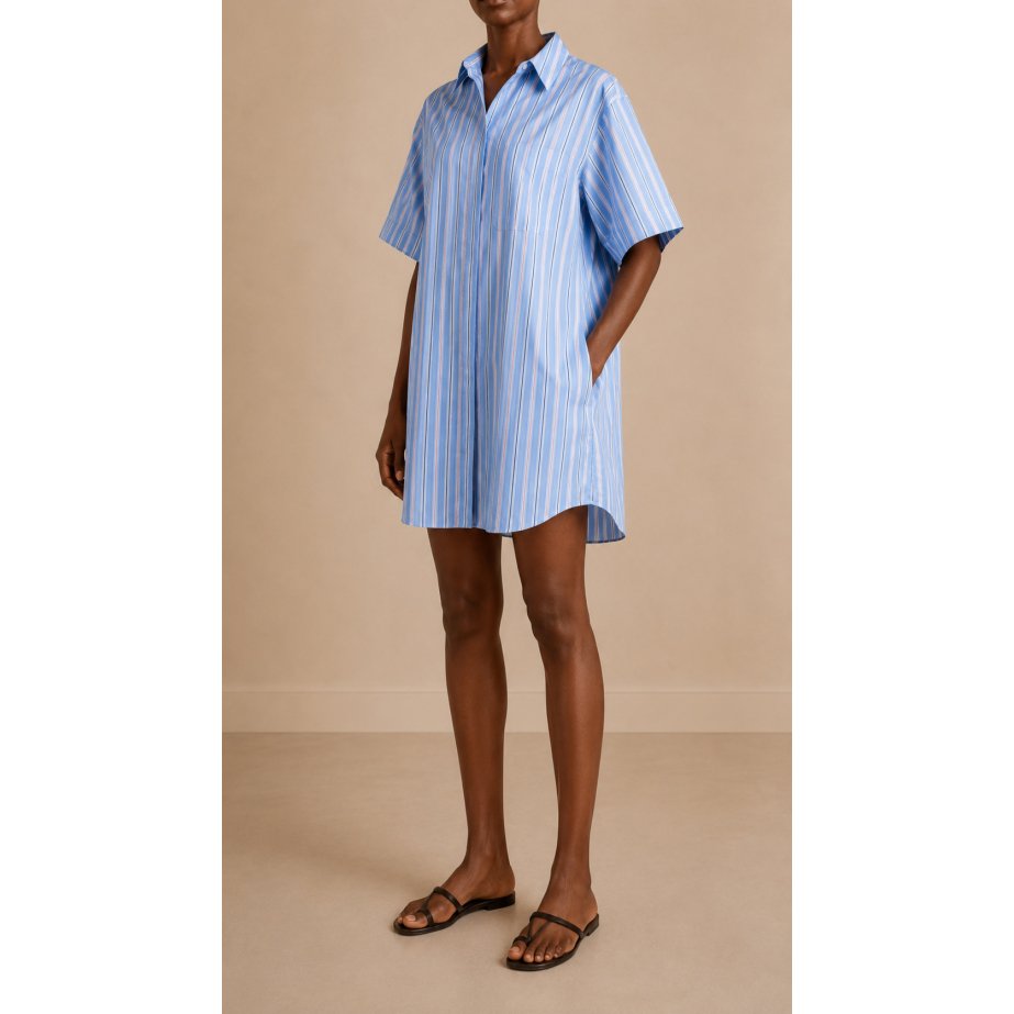Monge Studio short cotton poplin shirt dress with blue stripes