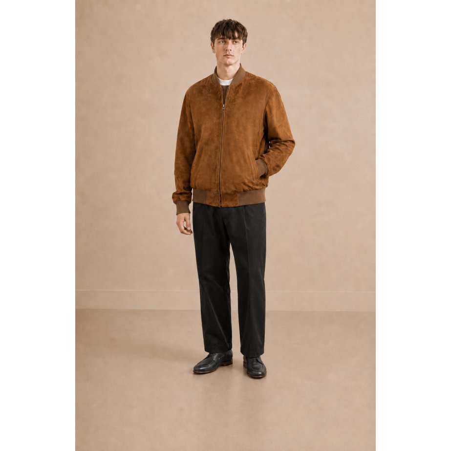 Tobacco brown suede bomber jacket made in Mallorca by Monge Studio
