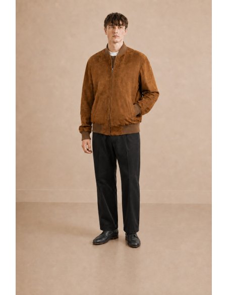Tobacco brown suede bomber jacket made in Mallorca by Monge Studio