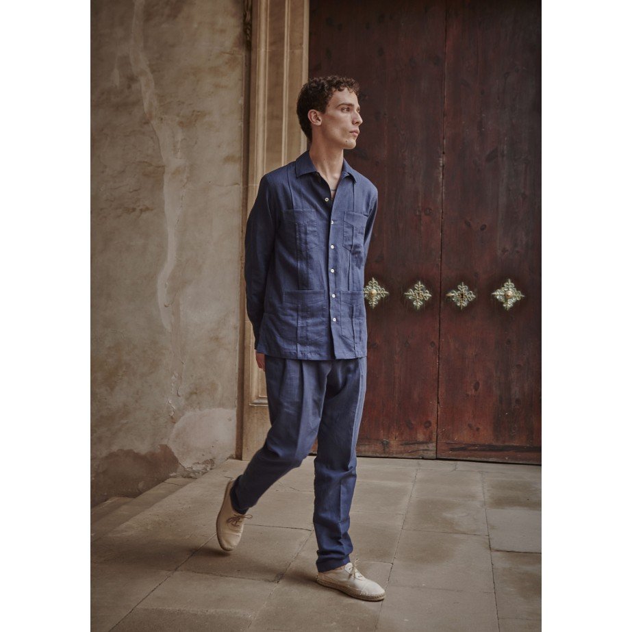 Guayabera Azul Marino de Algodón y Lino | Monge Studio